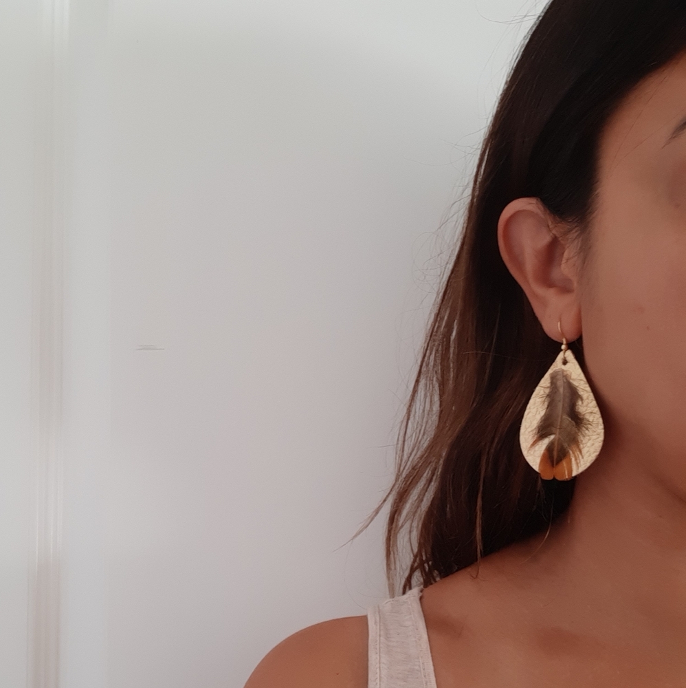 Leather and quail feather 14k gold hook earrings